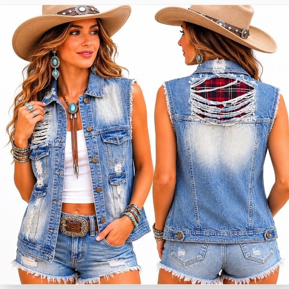 POL Distressed Denim Vest Women Small Blue Plaid Flannel Lined Frayed Edgy
